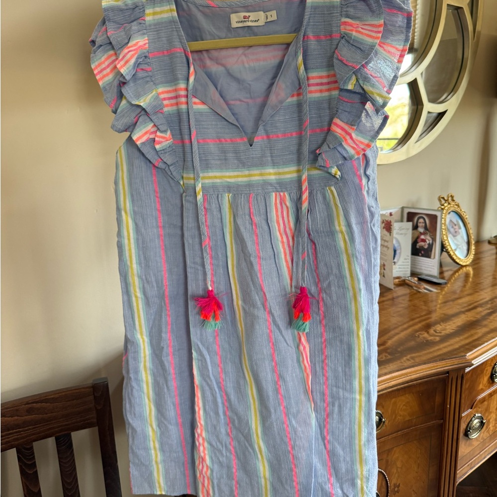 Vineyard Vines Light Blue Multi-Striped Ruffle Sleeve Dress